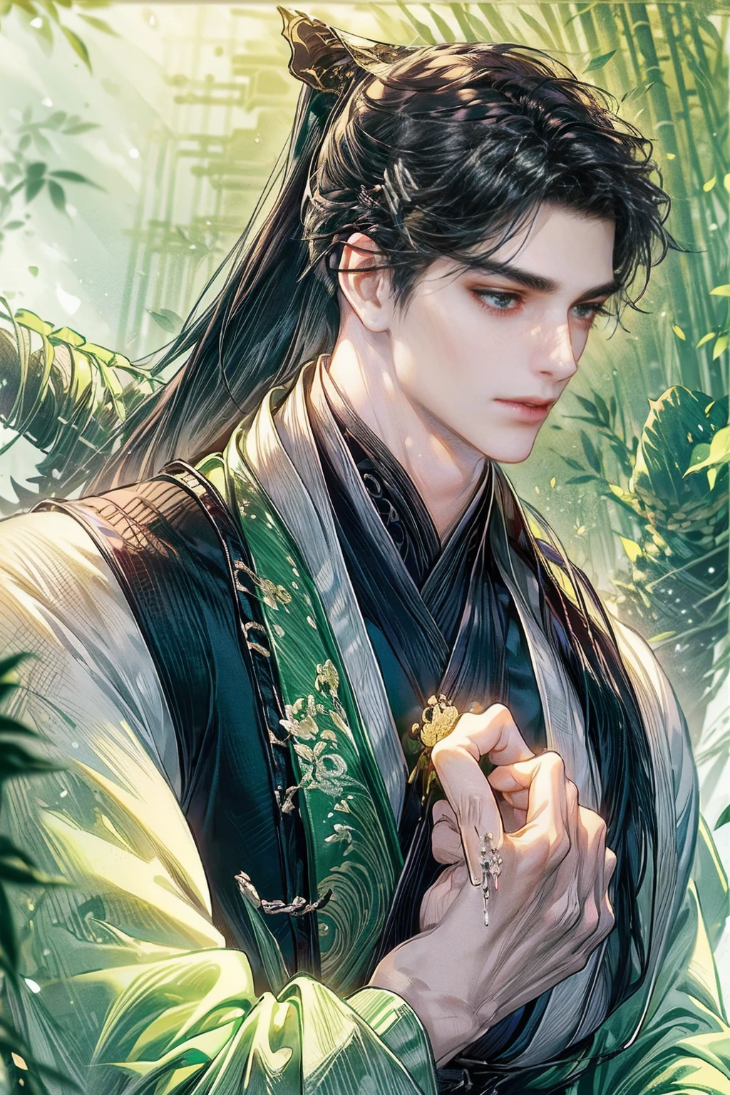 xianxia, (((best quality))),masterpiece,ultra high resolution,extraordinarily beautiful youth, a bright, villains smile,All green clothing,((boy 24 year old, green hanfu,green clothing, Chinese shirt style)) ,boy character ,((Thick black long hair)),beautiful face,detailed interior, detailed boy,((man)),(in bamboo forest), house China style, pure white lotus,beautiful and cute boy ,black eyes,((solo man)),(he has a Big eyes, charming lips, slim nose and small face),(boy slim figures ),ponytail and 冠, Hiogi fan,Japanese fan ,very long hair, thick hair, black hair ,eyes detailed,pony tails,boy,man