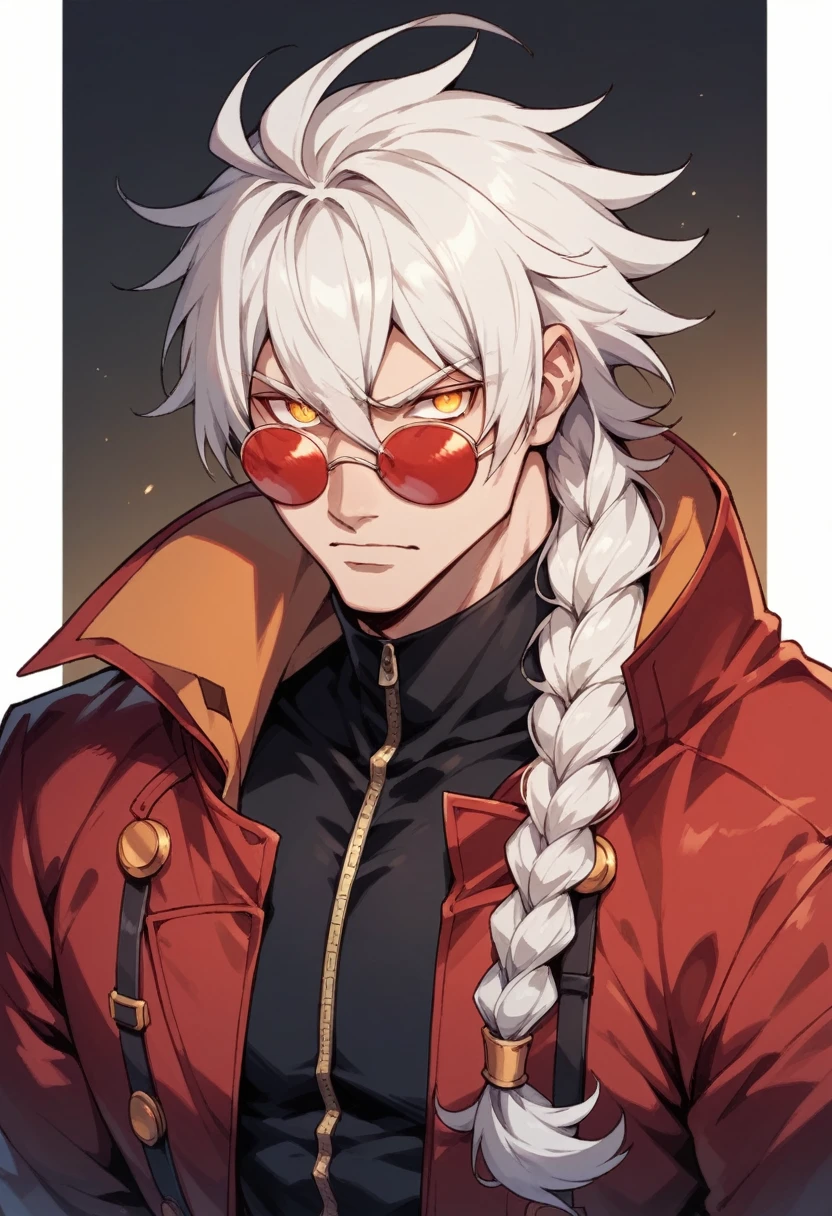 blazblue ,human Male  ,gafas de sol redondas rojas  , pelo blanco,trenzado largo ,abrigo rojo con cremallera  , la camisa negra , pupilas amarillas 