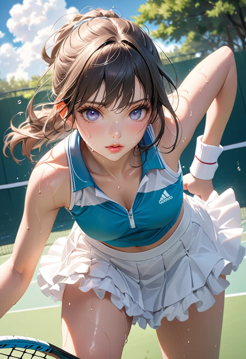 a cute young girl in a white frilly skort playing tennis on a grassy tennis court, grip the racket with both hands, focused expression waiting for the serve, highly detailed, photorealistic, vibrant colors, natural lighting, 8k, masterpiece, dripping sweat,sweaty tennis clothes,sleeveless, through bangs,beautiful detailed eyes, beautiful detailed lips, extremely detailed face and features, long eyelashes, dynamic pose, athletic figure, tennis court environment, grass texture, fluffy clouds in sky, sunlight filtering through trees