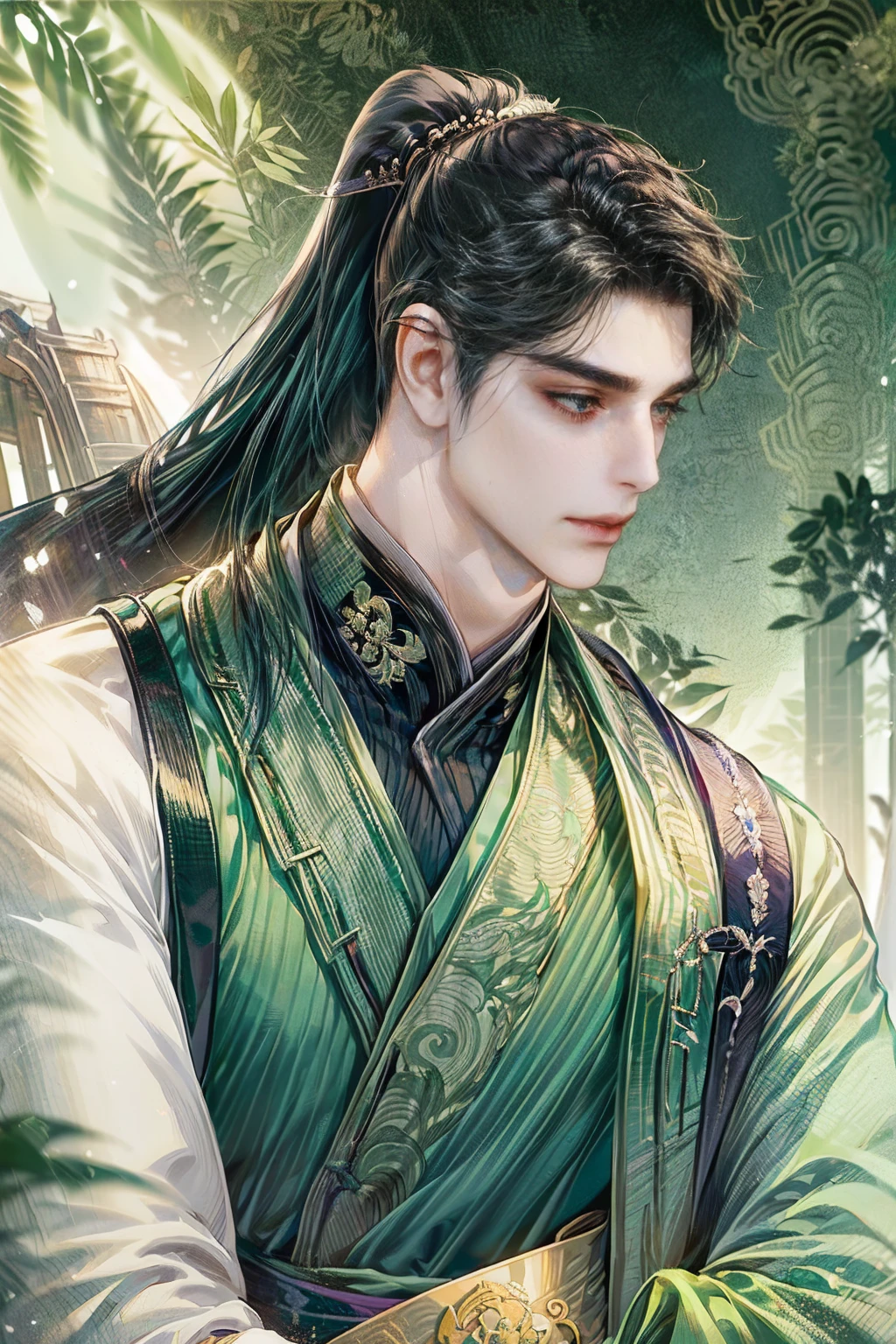 xianxia, (((best quality))),masterpiece,ultra high resolution,extraordinarily beautiful youth, a bright, villains smile,All green clothing,((boy 24 year old, green hanfu,green clothing, Chinese shirt style)) ,boy character ,((Thick black long hair)),beautiful face,detailed interior, detailed boy,((man)),(in bamboo forest), house China style, pure white lotus,beautiful and cute boy ,black eyes,((solo man)),(he has a Big eyes, charming lips, slim nose and small face),(boy slim figures ),ponytail and 冠, Hiogi fan,Japanese fan ,very long hair, thick hair, black hair ,eyes detailed,pony tails,boy,man