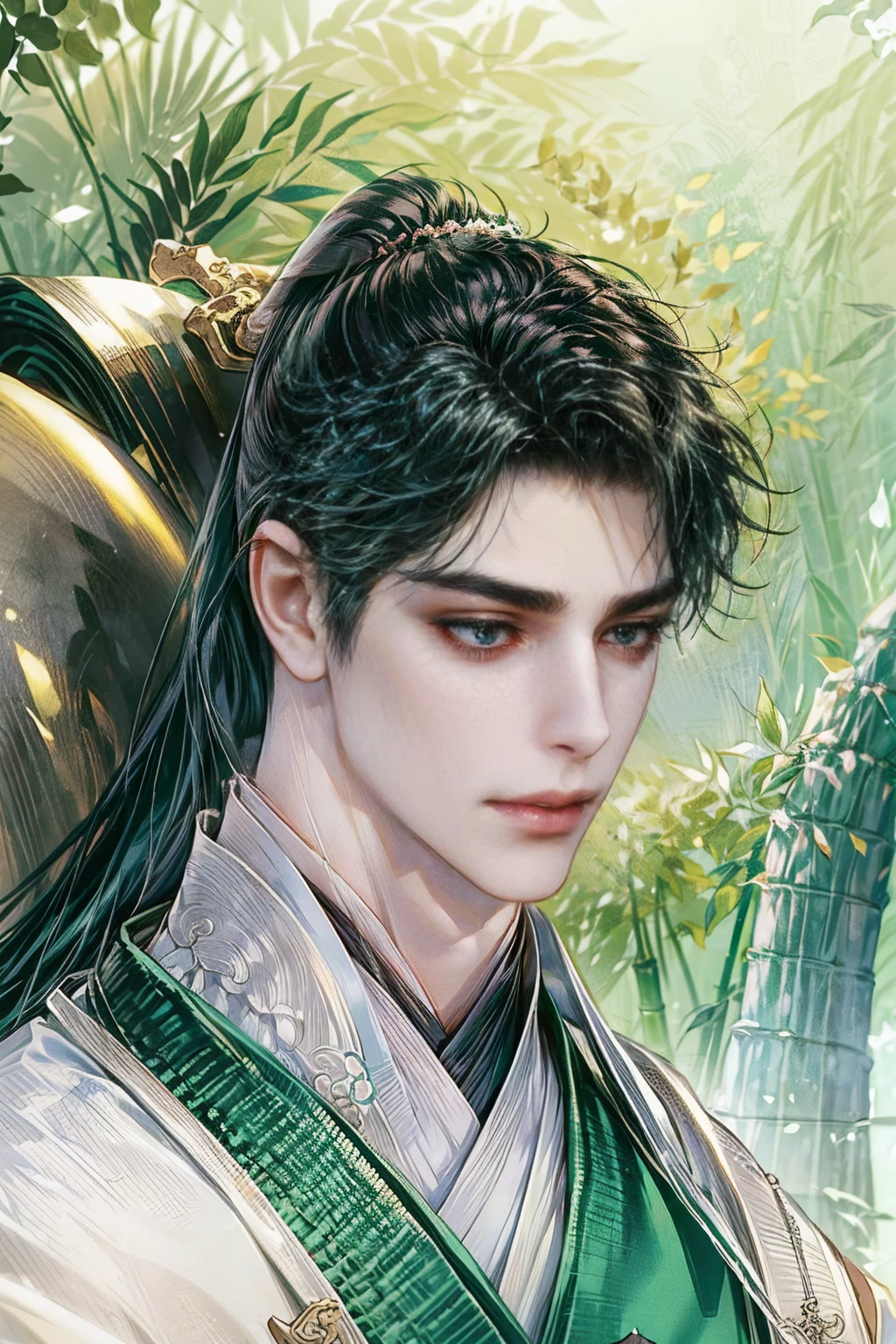 xianxia, (((best quality))),masterpiece,ultra high resolution,extraordinarily beautiful youth, a bright, villains smile,All green clothing,((boy 24 year old, green hanfu,green clothing, Chinese shirt style)) ,boy character ,((Thick black long hair)),beautiful face,detailed interior, detailed boy,((man)),(in bamboo forest), house China style, pure white lotus,beautiful and cute boy ,black eyes,((solo man)),(he has a Big eyes, charming lips, slim nose and small face),(boy slim figures ),ponytail and 冠, Hiogi fan,Japanese fan ,very long hair, thick hair, black hair ,eyes detailed,pony tails,boy,man