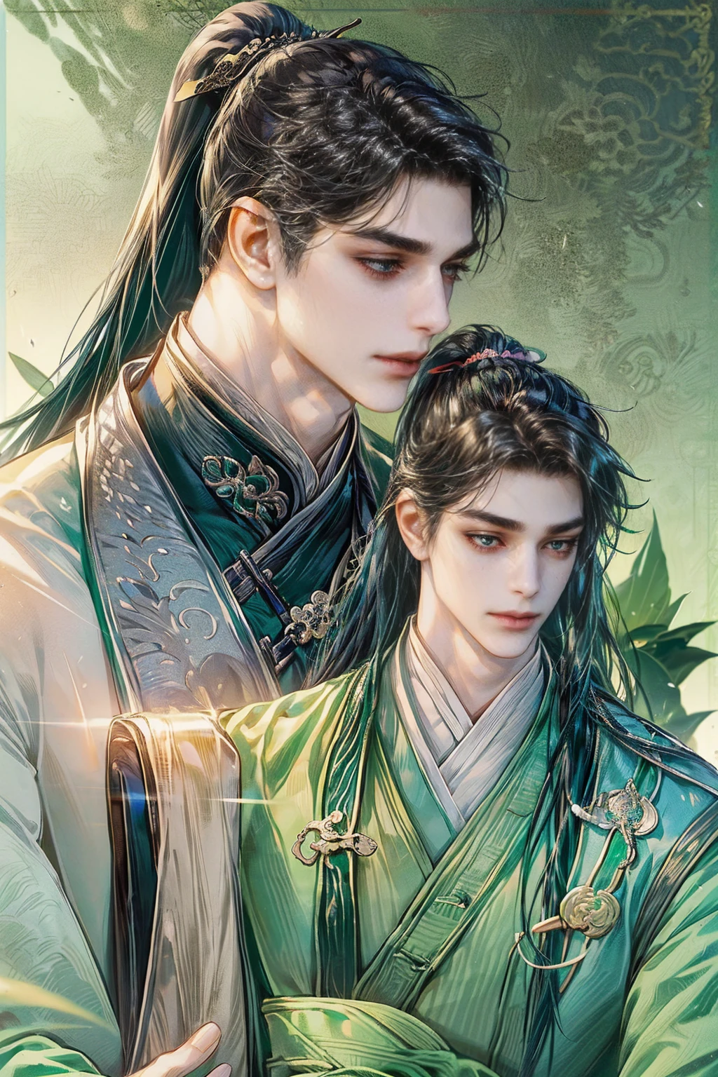 xianxia, (((best quality))),masterpiece,ultra high resolution,extraordinarily beautiful youth, a bright, villains smile,All green clothing,((boy 24 year old, green hanfu,green clothing, Chinese shirt style)) ,boy character ,((Thick black long hair)),beautiful face,detailed interior, detailed boy,((man)),(in bamboo forest), house China style, pure white lotus,beautiful and cute boy ,black eyes,((solo man)),(he has a Big eyes, charming lips, slim nose and small face),(boy slim figures ),ponytail and 冠, Hiogi fan,Japanese fan ,very long hair, thick hair, black hair ,eyes detailed,pony tails,boy,man