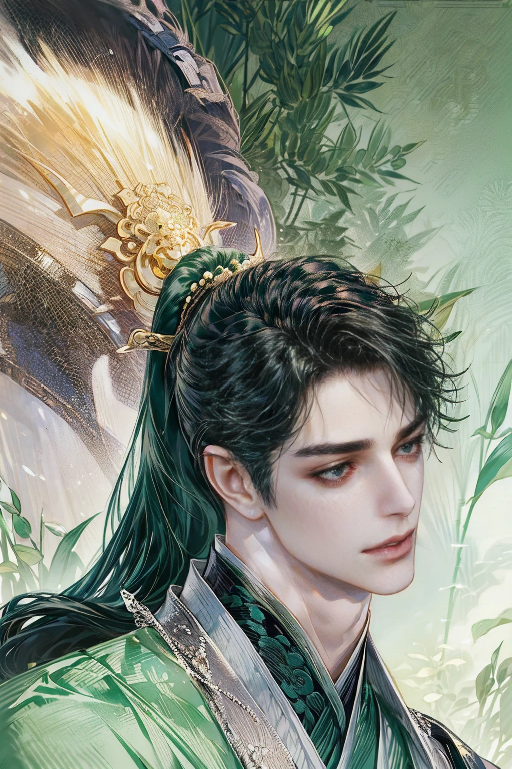 xianxia, (((best quality))),masterpiece,ultra high resolution,extraordinarily beautiful youth, a bright, villains smile,All green clothing,((boy 24 year old, green hanfu,green clothing, Chinese shirt style)) ,boy character ,((Thick black long hair)),beautiful face,detailed interior, detailed boy,((man)),(in bamboo forest), house China style, pure white lotus,beautiful and cute boy ,black eyes,((solo man)),(he has a Big eyes, charming lips, slim nose and small face),(boy slim figures ),ponytail and 冠, Hiogi fan,Japanese fan ,very long hair, thick hair, black hair ,eyes detailed,pony tails,boy,man