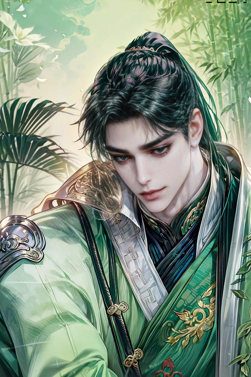 xianxia, (((best quality))),masterpiece,ultra high resolution,extraordinarily beautiful youth, a bright, villains smile,All green clothing,((boy 24 year old, green hanfu,green clothing, Chinese shirt style)) ,boy character ,((Thick black long hair)),beautiful face,detailed interior, detailed boy,((man)),(in bamboo forest), house China style, pure white lotus,beautiful and cute boy ,black eyes,((solo man)),(he has a Big eyes, charming lips, slim nose and small face),(boy slim figures ),ponytail and 冠, Hiogi fan,Japanese fan ,very long hair, thick hair, black hair ,eyes detailed,pony tails,boy,man


