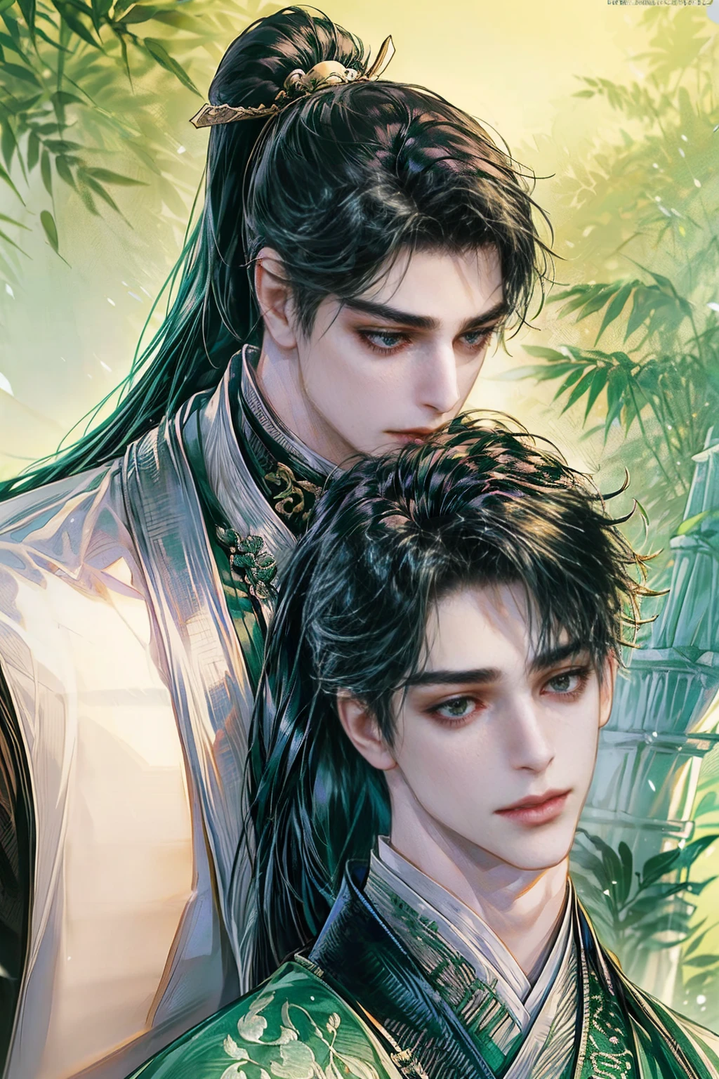 xianxia, (((best quality))),masterpiece,ultra high resolution,extraordinarily beautiful youth, a bright, villains smile,All green clothing,((boy 24 year old, green hanfu,green clothing, Chinese shirt style)) ,boy character ,((Thick black long hair)),beautiful face,detailed interior, detailed boy,((man)),(in bamboo forest), house China style, pure white lotus,beautiful and cute boy ,black eyes,((solo man)),(he has a Big eyes, charming lips, slim nose and small face),(boy slim figures ),ponytail and 冠, Hiogi fan,Japanese fan ,very long hair, thick hair, black hair ,eyes detailed,pony tails,boy,man


