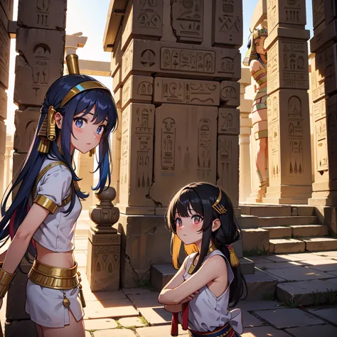 Cute Ancient Egyptian Girl、A hill overlooking the colorful temples of ancient Egypt、Inside the temple、Attacked、mysterious