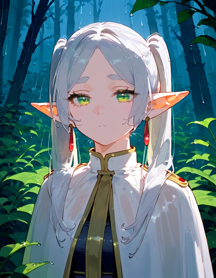 anime artwork, score_9, score_8_up, score_7_up, score_6_up, score_5_up, score_4_up,frieren, 1girl, green eyes, grey hair, twintails, pointy ears, eyebrows, earrings \\\\\\ floox style \\\\\ ,capelet, panorama,  greenery, upper body, forest, sad, rain, raining
