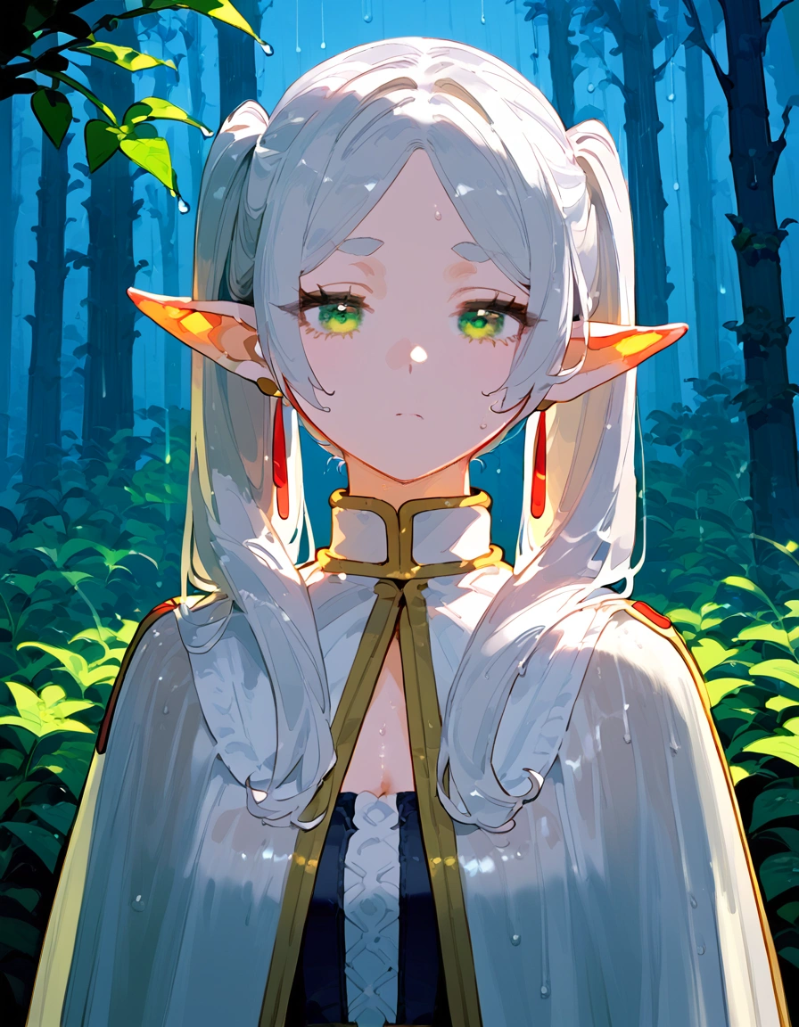 anime artwork, score_9, score_8_up, score_7_up, score_6_up, score_5_up, score_4_up,frieren, 1girl, green eyes, grey hair, twintails, pointy ears, eyebrows, earrings \\\\\\ floox style \\\\\ ,capelet, panorama,  greenery, upper body, forest, sad, rain, raining
