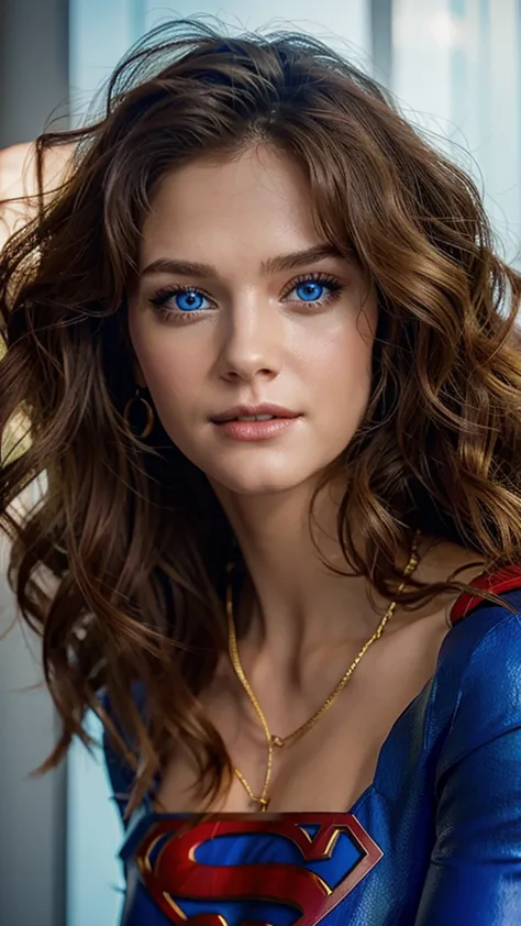 The character Supergirl, perfect blue and red costume with the traditional "S" in the chest, shiny little blue eyes, extremely b...
