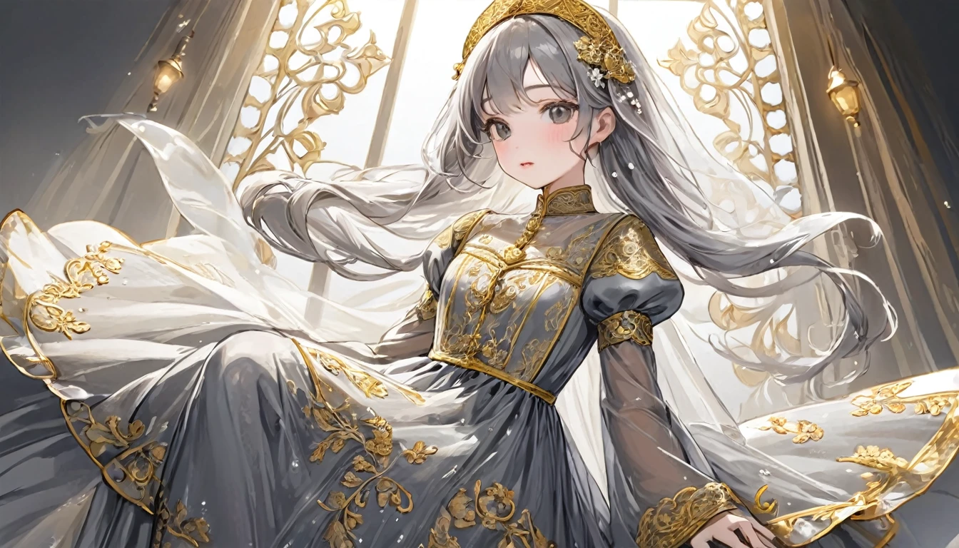 girl, Gold and silver embroidery, White-gray pearl medieval long dress（With panniers）, Translucent fabric, Pull up the dress by hand, Strong winds, Translucent slip, Grey translucent tights, Peeking from below, Highest quality, Disorder of clothing, sit