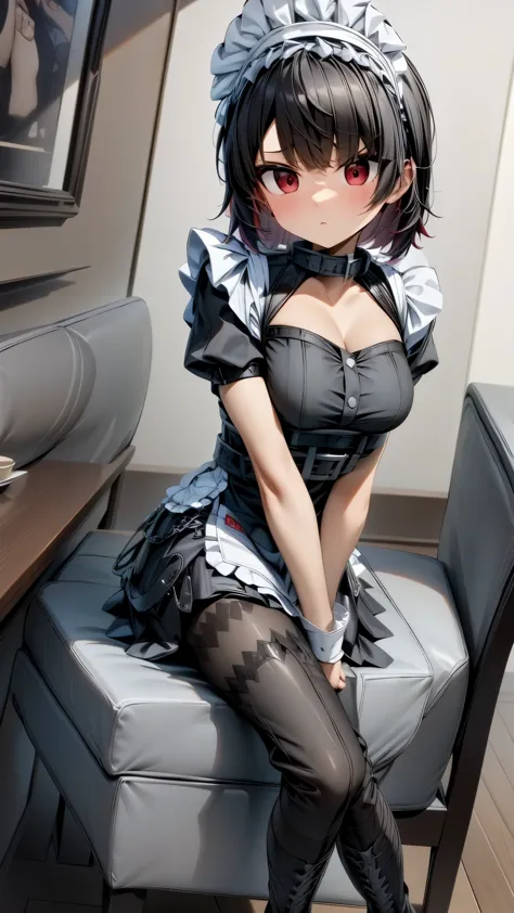 Black short hair，maid outfit，Black lace-up boots，Black pantyhose，Blushing shy，Classroom scene，