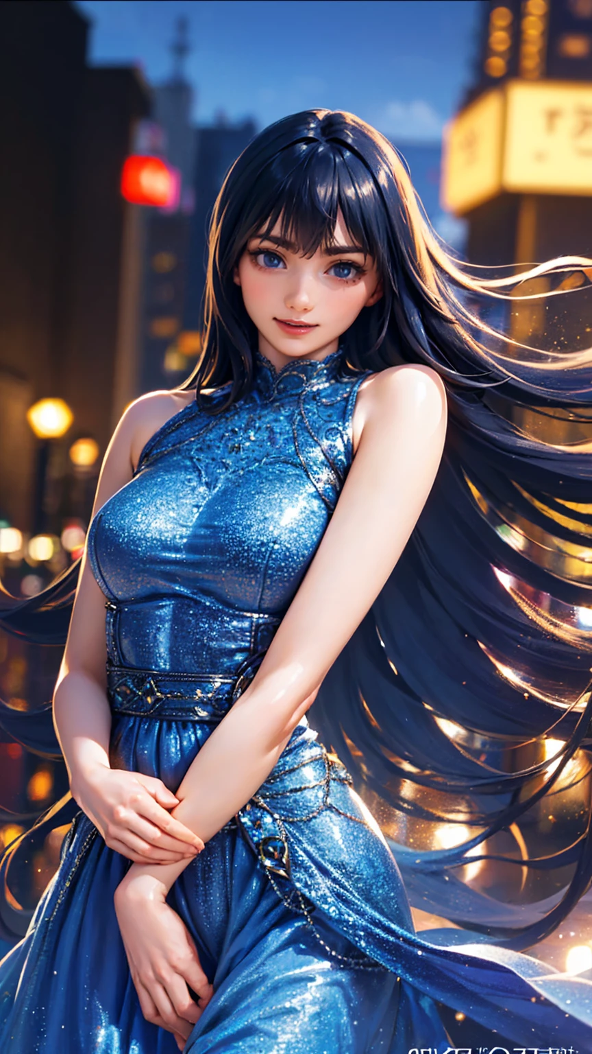 1girl,(wearing a blue glittery evening dress:1.2),(RAW photo, best quality), (realistic, photo-realistic:1.4), masterpiece, an extremely delicate and beautiful, extremely detailed, 2k wallpaper, Amazing, finely detail, extremely detailed CG unity 8k wallpaper, ultra-detailed, highres, soft light, beautiful detailed girl, extremely detailed eyes and face, beautiful detailed nose, beautiful detailed eyes,cinematic lighting,city lights at night,perfect anatomy,slender body,light smile,close up,(long hair with bangs)