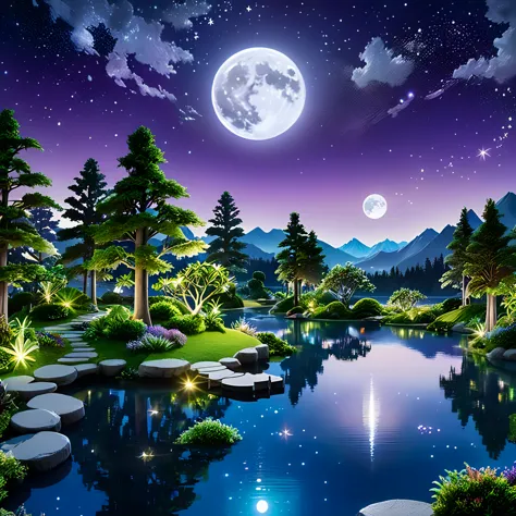 a surreal and fantastical night scene where a massive full moon dominates the sky, its bright light reflecting off a serene, cry...