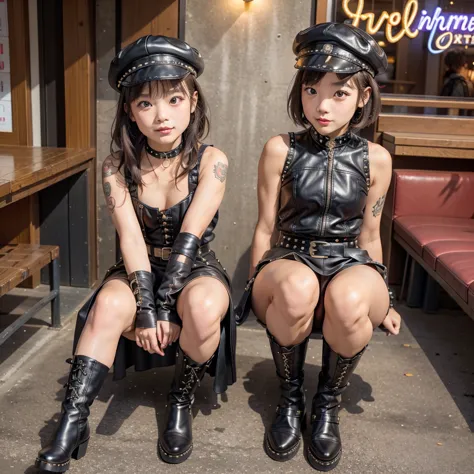 Girl、Kindergarteners、Sleeveless Shiny Leather、Lace-up long boots、A thick belt that tightens up multiple times、choker、Leather sho...