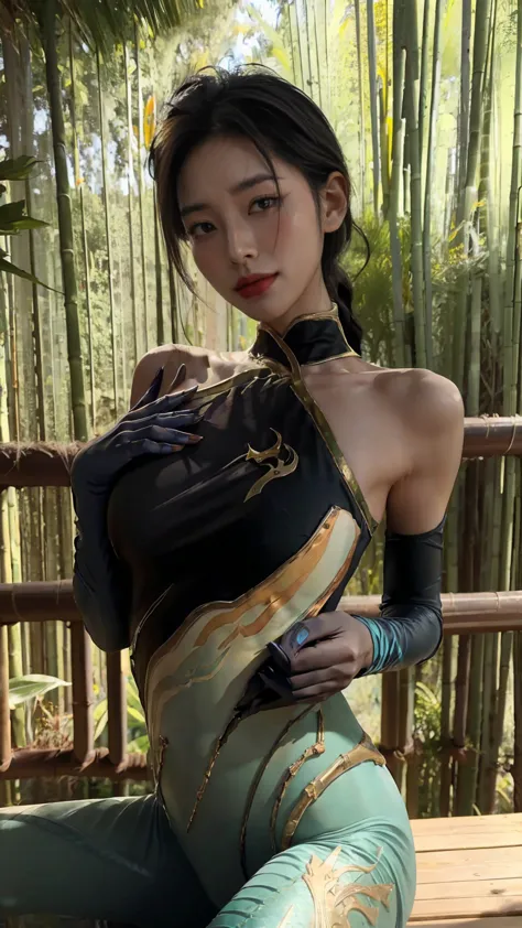 (The tall girl puts her hand in front of her and points to the side), combat pose, BREAK, (Dark background, Bamboo forest), (Sle...