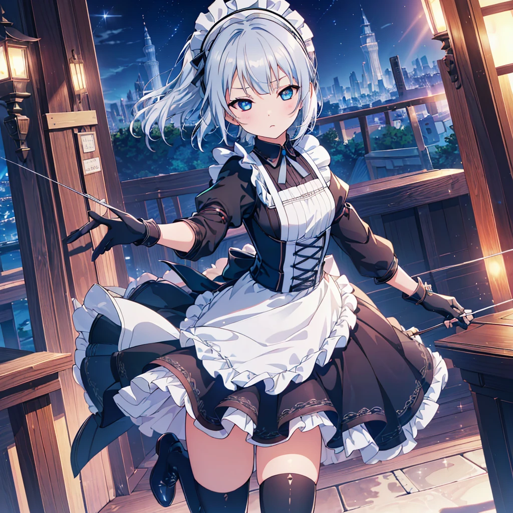 Perfect Human Medicine, {{{{{Maid clothes}}}}},Small ,Anime Assortment,Cool,cyber punk,{{{{{50 year old woman}}}}} ,{{{{{a person is depicted}}}}},(Official Art、{{{{{Upper Bodyアングル}}}}},Highest quality、Unity 8k wallpaper、32K、masterpiece、Ultra-detailed、Ultra-high resolution, Realistic、Recall,Grab your hair with your hands, Photorealistic:1.2)、(Cinema Lighting:1.2)、,Fire Glow Effect、The most grainy shadows on the film、Rim Light、Side light、Side Shot、(Ultra-detailed and intricate 3D rendering)、Very short hair, Short wolf hair,Beautiful face and eyes in every detail、Sharp pupils、Realistic students、Slender、１men and women、、white maid hat, Highly detailed background、Beautiful Face、Beautiful  girl、(Ultra-detailedなスキン、Detailed skin texture:1.Silver Hair:1.3)、Blunt bangs、Blue eyes、{{{{{黒いMaid clothes}}}}}、White apron costume、Black knee socks、(Thighs Thighs Thighs Thighs:0.8)、Black Bhutan stick and beautiful night sky、Medieval city at night、On the roof of the tower:1.4)、(avert your eyes、Overlooking the city:1.3)、Fantastic、Expressionless,Makes your face smaller,(Tabletop), Highest quality, Expressionless eyes, Perfect Face, 1 Girl, alone, Eye color is light blue, Hair between the eyes, Very Short Hair, Blue eyes, Silver Hair, Two-tone eyes, Knee-high boots, Archery Shooting Gloves, badge, corset,Black gloves, Long sleeve, Futuristic floating city, Upper Body,