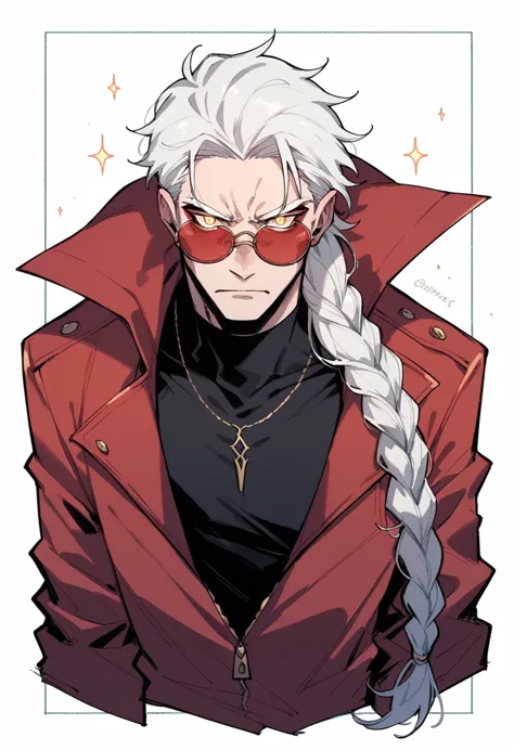 human Male  ,Round red Sunglasses  , white hair,long braided ,zip Red Coat  , Black shirt , yellow pupils ,evil aura