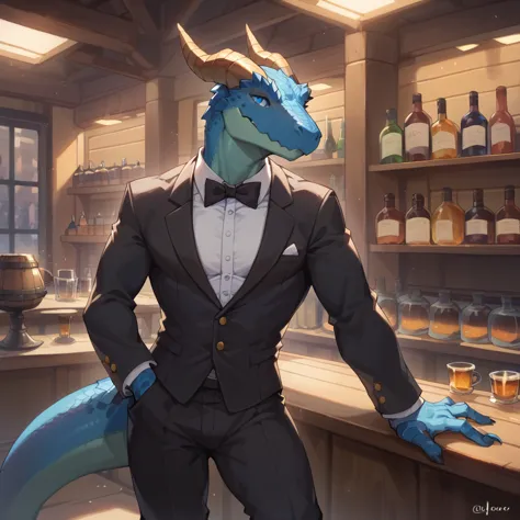 （Young Lizardman、Bar Master）Blue body、Tuxedo suit、Narrowed Eyes Smile、A toned, mechanical body、Two horns、Sparkling blue eyes、Dar...