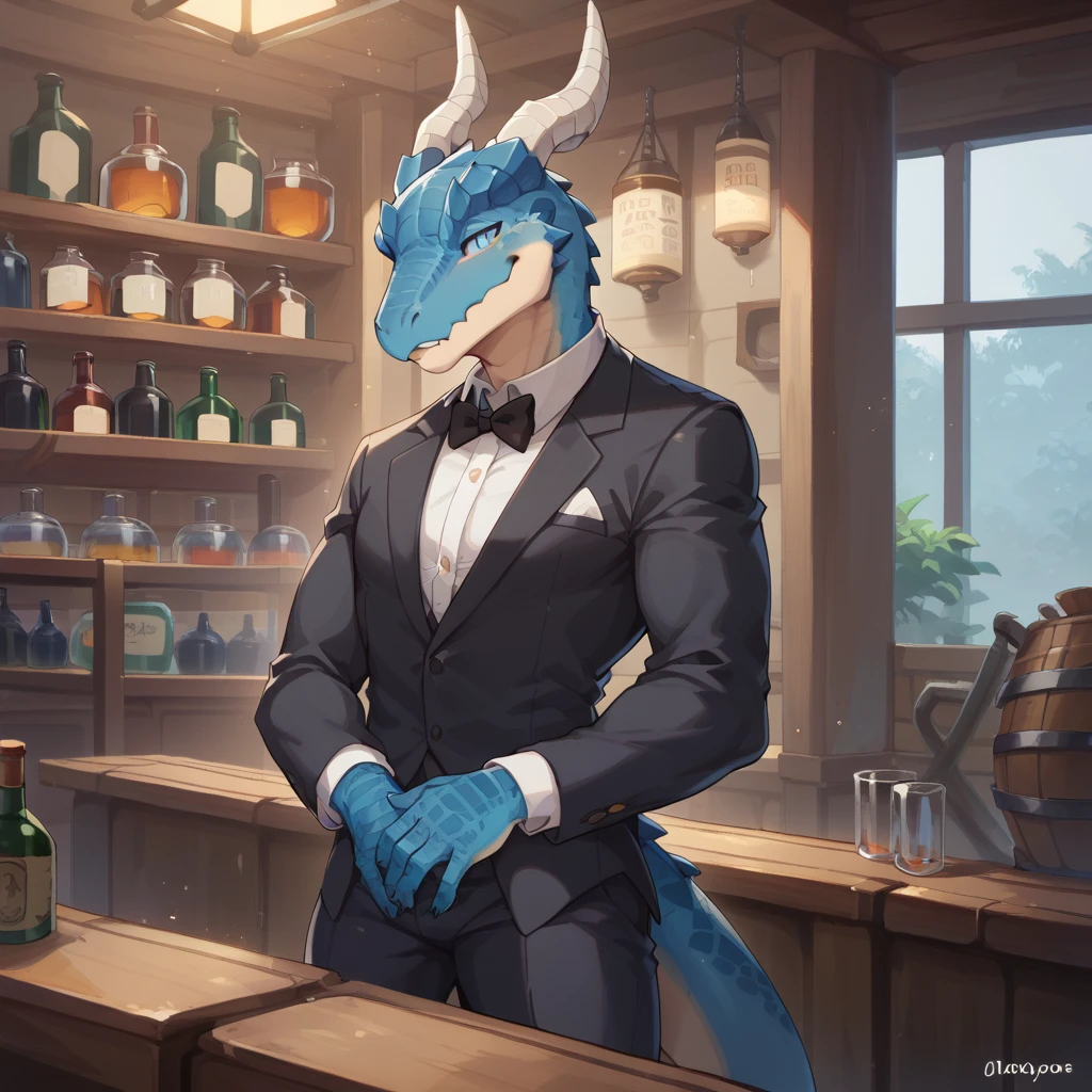 （Young Lizardman、Bar Master）Blue body、Tuxedo suit、Narrowed Eyes Smile、A toned, mechanical body、Two horns、Sparkling blue eyes、Dark Tavern、Inside the store、cool、front