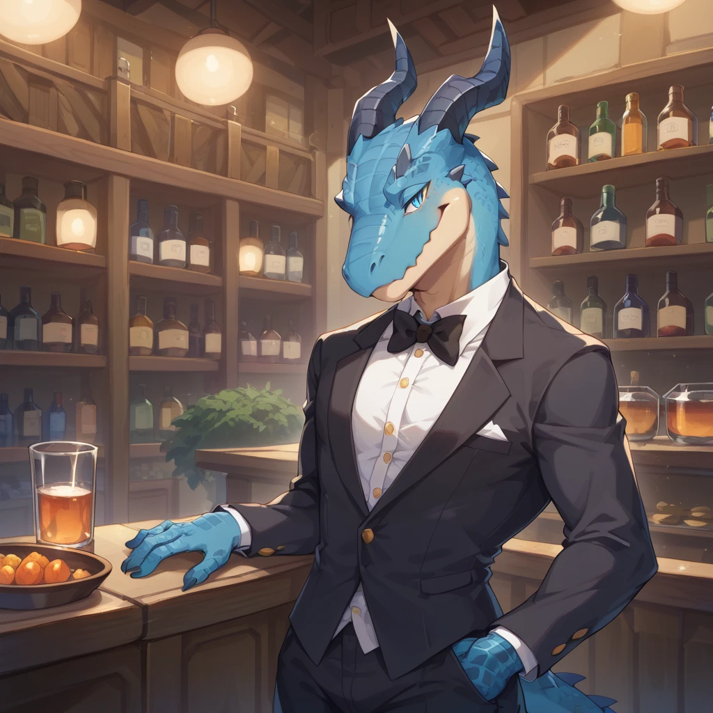 （Young Lizardman、Bar Master）Blue body、Tuxedo suit、Narrowed Eyes Smile、A toned, mechanical body、Two horns、Sparkling blue eyes、Dark Tavern、Inside the store、cool、front