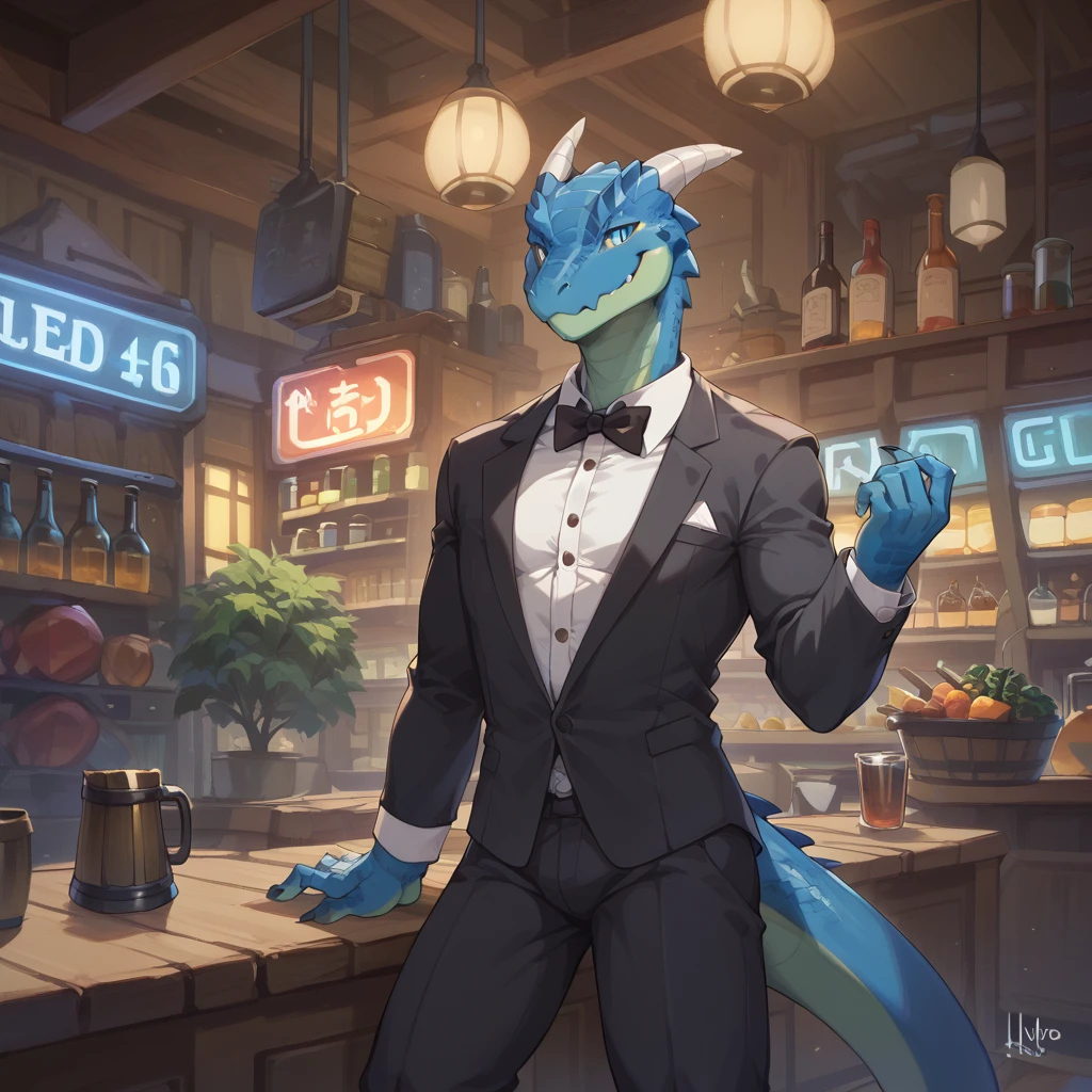 （Young Lizardman、Bar Master）Blue body、Tuxedo suit、Narrowed Eyes Smile、A toned, mechanical body、Two horns、Sparkling blue eyes、Dark Tavern、Inside the store、cool、front