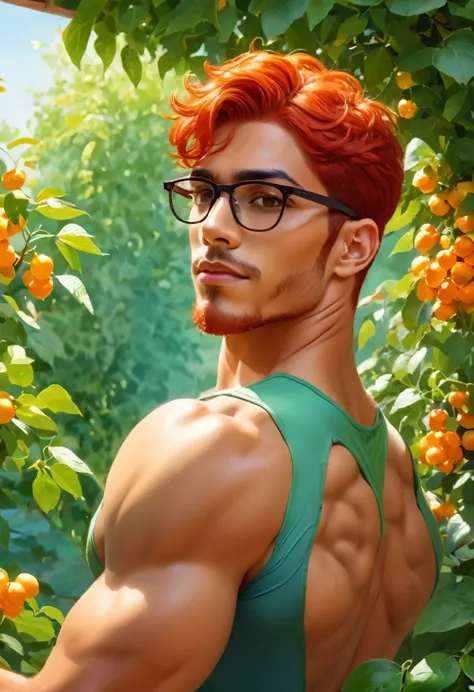 intense warm color palette, a latin man symmetrical fitness body, wears glasses, guspo looks out the window towards the garden o...