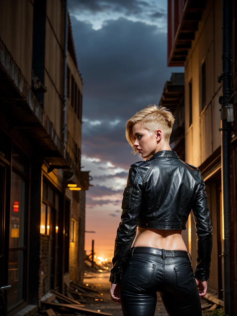 From behind, Realistic photo, post apocalypse, Gorgeous blonde, short haircut, athletic body, fit body, old leather jacket, black t-shirt, cleavage, torn army pants, posing, looking at viewer, post apocalyptic landscape, dark atmosphere, dark lighting, high detail, high detail  faces,