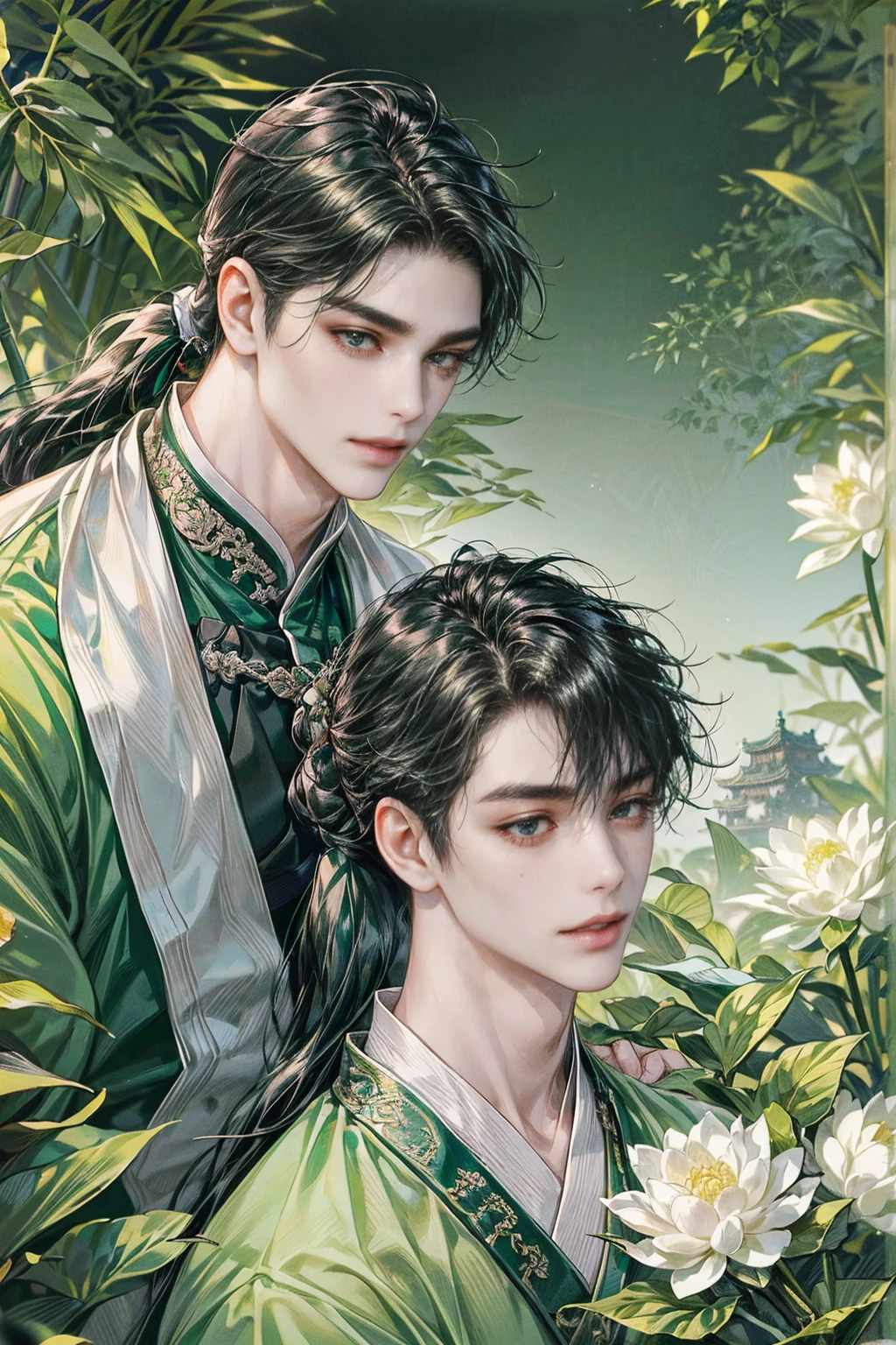 xianxia, (((best quality))),masterpiece,ultra high resolution,extraordinarily beautiful youth, a bright, villains smile,All green clothing,((boy 24 year old, green hanfu,green clothing, Chinese shirt style)) ,boy character ,((Thick black long hair)),beautiful face,detailed interior, detailed boy,((man)),(in bamboo forest), house China style, pure white lotus,beautiful and cute boy ,black eyes,((solo man)),(he has a Big eyes, charming lips, slim nose and small face),(boy slim figures ),ponytail and 冠, Hiogi fan,Japanese fan ,very long hair, thick hair, black hair ,eyes detailed,pony tails,boy,man


