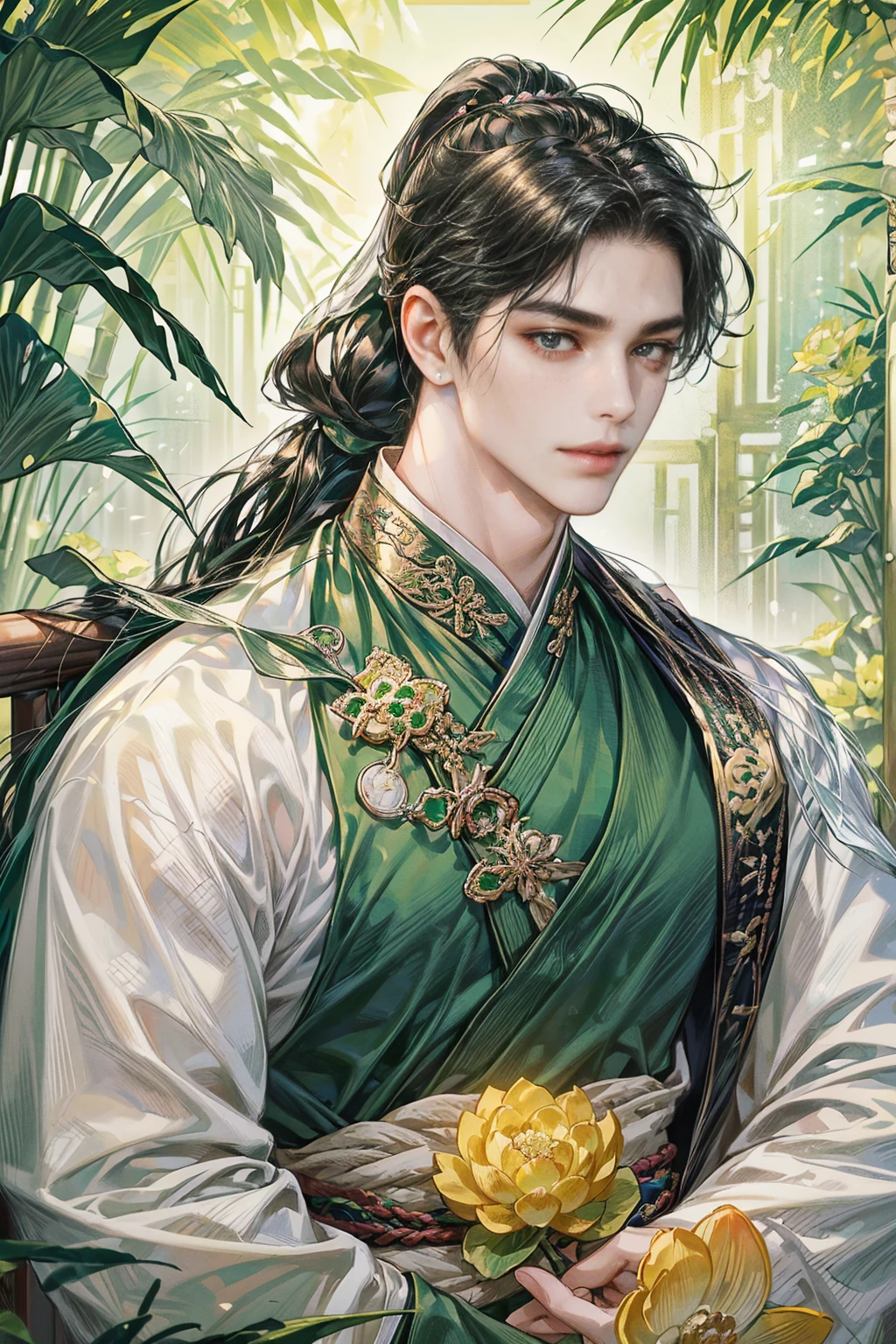 xianxia, (((best quality))),masterpiece,ultra high resolution,extraordinarily beautiful youth, a bright, villains smile,All green clothing,((boy 24 year old, green hanfu,green clothing, Chinese shirt style)) ,boy character ,((Thick black long hair)),beautiful face,detailed interior, detailed boy,((man)),(in bamboo forest), house China style, pure white lotus,beautiful and cute boy ,black eyes,((solo man)),(he has a Big eyes, charming lips, slim nose and small face),(boy slim figures ),ponytail and 冠, Hiogi fan,Japanese fan ,very long hair, thick hair, black hair ,eyes detailed,pony tails,boy,man


