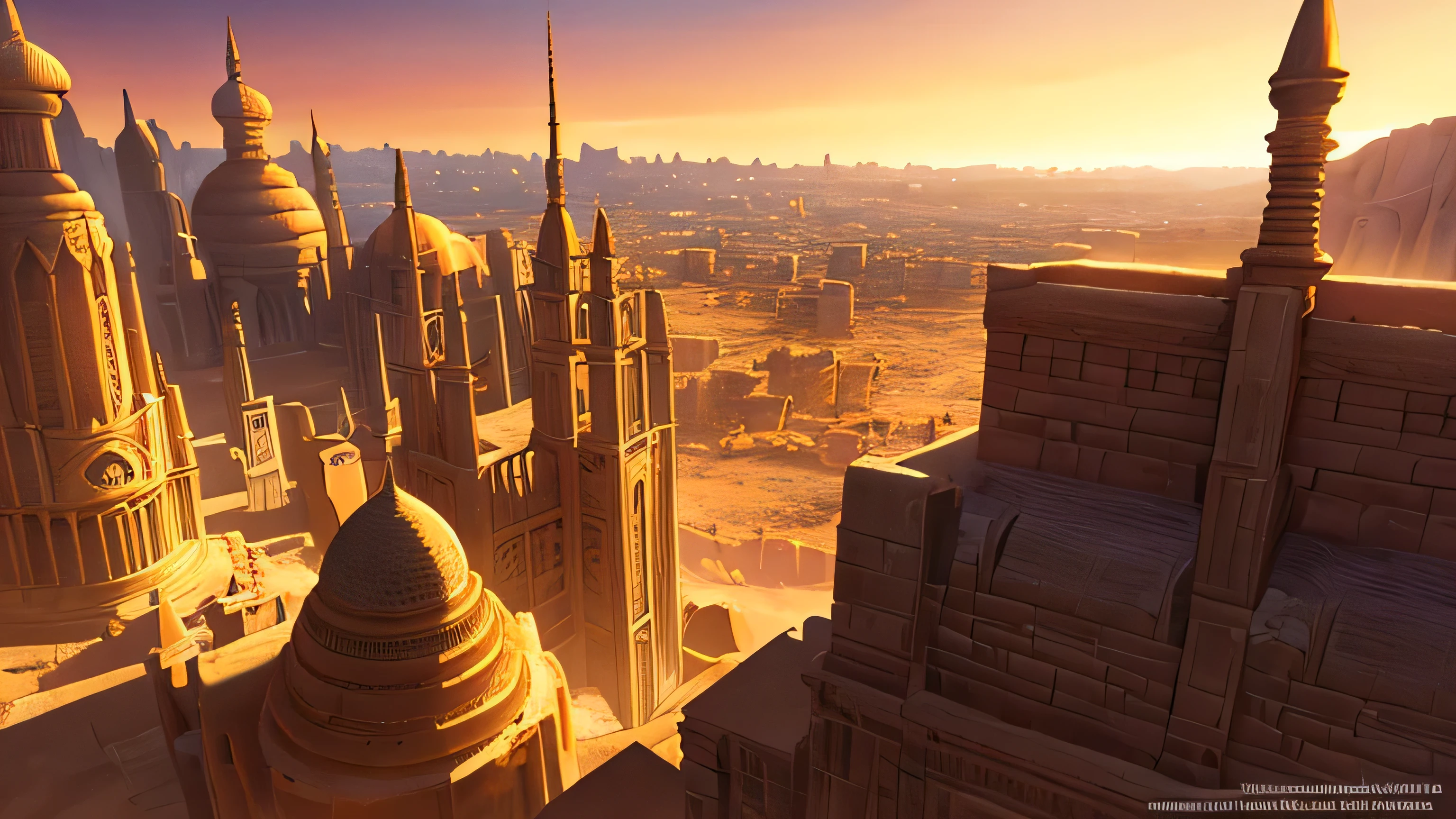 a fantasy sandstone city in the desert, detailed fantasy architecture, intricate stone carvings, ancient ruins, sprawling desert landscape, dramatic lighting, golden hour, warm color tones, cinematic composition, highly detailed, 8k, photorealistic, masterpiece