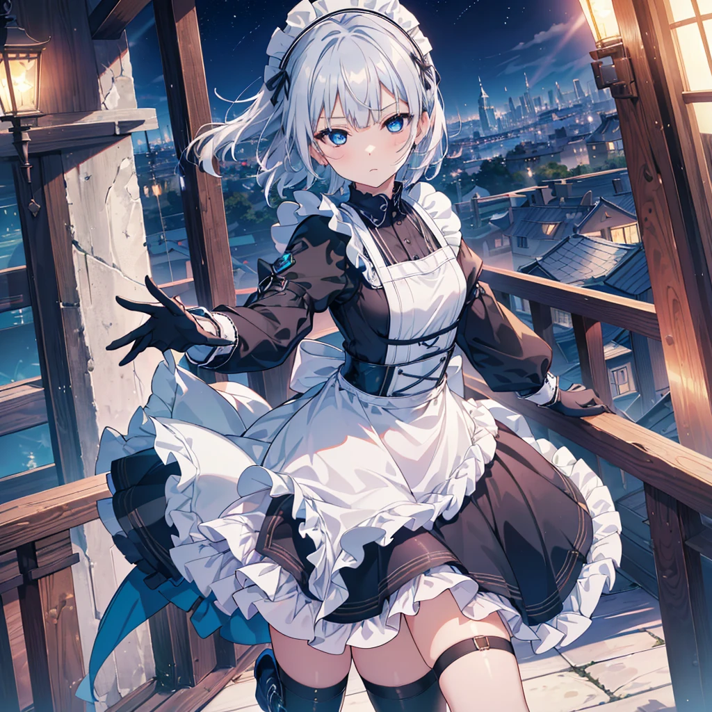 Perfect Human Medicine, {{{{{Maid clothes}}}}},Small ,Anime Assortment,Cool,cyber punk,{{{{{50 year old woman}}}}} ,{{{{{a person is depicted}}}}},(Official Art、{{{{{Upper Bodyアングル}}}}},Highest quality、Unity 8k wallpaper、32K、masterpiece、Ultra-detailed、Ultra-high resolution, Realistic、Recall,Grab your hair with your hands, Photorealistic:1.2)、(Cinema Lighting:1.2)、,Fire Glow Effect、The most grainy shadows on the film、Rim Light、Side light、Side Shot、(Ultra-detailed and intricate 3D rendering)、Very short hair, Short wolf hair,Beautiful face and eyes in every detail、Sharp pupils、Realistic students、Slender、１men and women、、white maid hat, Highly detailed background、Beautiful Face、Beautiful  girl、(Ultra-detailedなスキン、Detailed skin texture:1.Silver Hair:1.3)、Blunt bangs、Blue eyes、{{{{{黒いMaid clothes}}}}}、White apron costume、Black knee socks、(Thighs Thighs Thighs Thighs:0.8)、Black Bhutan stick and beautiful night sky、Medieval city at night、On the roof of the tower:1.4)、(avert your eyes、Overlooking the city:1.3)、Fantastic、Expressionless,Makes your face smaller,(Tabletop), Highest quality, Expressionless eyes, Perfect Face, 1 Girl, alone, Eye color is light blue, Hair between the eyes, Very Short Hair, Blue eyes, Silver Hair, Two-tone eyes, Knee-high boots, Archery Shooting Gloves, badge, corset,Black gloves, Long sleeve, Futuristic floating city, Upper Body,