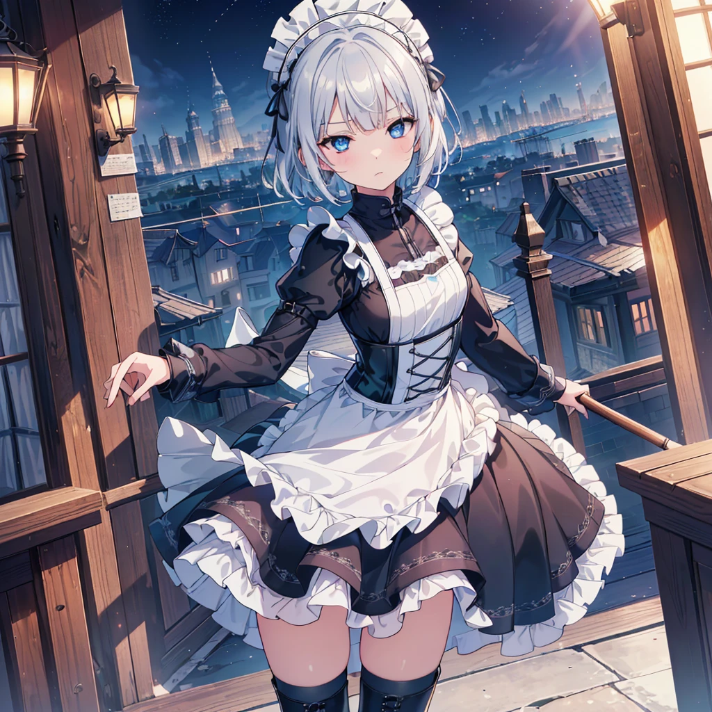 Perfect Human Medicine, {{{{{Maid clothes}}}}},Small ,Anime Assortment,Cool,cyber punk,{{{{{50 year old woman}}}}} ,{{{{{a person is depicted}}}}},(Official Art、{{{{{Upper Bodyアングル}}}}},Highest quality、Unity 8k wallpaper、32K、masterpiece、Ultra-detailed、Ultra-high resolution, Realistic、Recall,Grab your hair with your hands, Photorealistic:1.2)、(Cinema Lighting:1.2)、,Fire Glow Effect、The most grainy shadows on the film、Rim Light、Side light、Side Shot、(Ultra-detailed and intricate 3D rendering)、Very short hair, Short wolf hair,Beautiful face and eyes in every detail、Sharp pupils、Realistic students、Slender、１men and women、、white maid hat, Highly detailed background、Beautiful Face、Beautiful  girl、(Ultra-detailedなスキン、Detailed skin texture:1.Silver Hair:1.3)、Blunt bangs、Blue eyes、{{{{{黒いMaid clothes}}}}}、White apron costume、Black knee socks、(Thighs Thighs Thighs Thighs:0.8)、Black Bhutan stick and beautiful night sky、Medieval city at night、On the roof of the tower:1.4)、(avert your eyes、Overlooking the city:1.3)、Fantastic、Expressionless,Makes your face smaller,(Tabletop), Highest quality, Expressionless eyes, Perfect Face, 1 Girl, alone, Eye color is light blue, Hair between the eyes, Very Short Hair, Blue eyes, Silver Hair, Two-tone eyes, Knee-high boots, Archery Shooting Gloves, badge, corset,Black gloves, Long sleeve, Futuristic floating city, Upper Body,