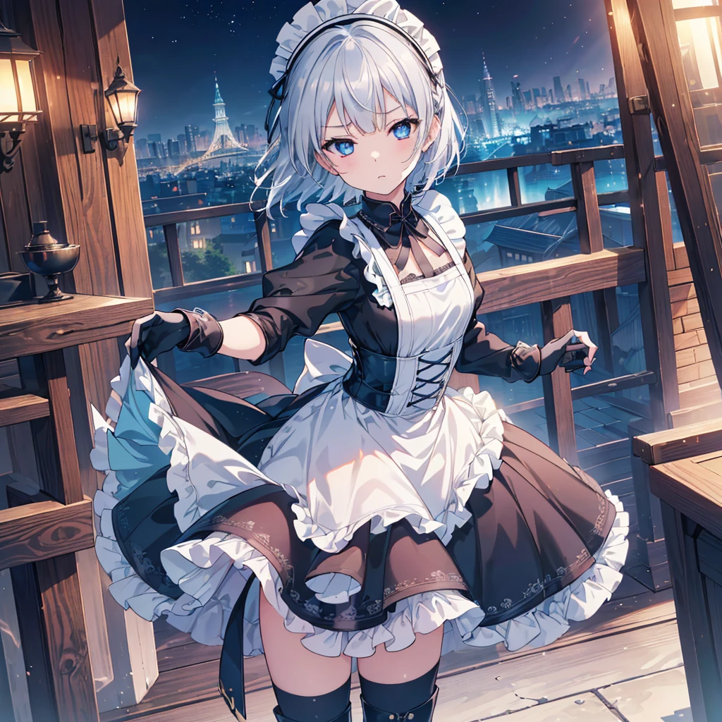 Perfect Human Medicine, {{{{{Maid clothes}}}}},Small ,Anime Assortment,Cool,cyber punk,{{{{{50 year old woman}}}}} ,{{{{{a person is depicted}}}}},(Official Art、{{{{{Upper Bodyアングル}}}}},Highest quality、Unity 8k wallpaper、32K、masterpiece、Ultra-detailed、Ultra-high resolution, Realistic、Recall,Grab your hair with your hands, Photorealistic:1.2)、(Cinema Lighting:1.2)、,Fire Glow Effect、The most grainy shadows on the film、Rim Light、Side light、Side Shot、(Ultra-detailed and intricate 3D rendering)、Very short hair, Short wolf hair,Beautiful face and eyes in every detail、Sharp pupils、Realistic students、Slender、１men and women、、white maid hat, Highly detailed background、Beautiful Face、Beautiful  girl、(Ultra-detailedなスキン、Detailed skin texture:1.Silver Hair:1.3)、Blunt bangs、Blue eyes、{{{{{黒いMaid clothes}}}}}、White apron costume、Black knee socks、(Thighs Thighs Thighs Thighs:0.8)、Black Bhutan stick and beautiful night sky、Medieval city at night、On the roof of the tower:1.4)、(avert your eyes、Overlooking the city:1.3)、Fantastic、Expressionless,Makes your face smaller,(Tabletop), Highest quality, Expressionless eyes, Perfect Face, 1 Girl, alone, Eye color is light blue, Hair between the eyes, Very Short Hair, Blue eyes, Silver Hair, Two-tone eyes, Knee-high boots, Archery Shooting Gloves, badge, corset,Black gloves, Long sleeve, Futuristic floating city, Upper Body,