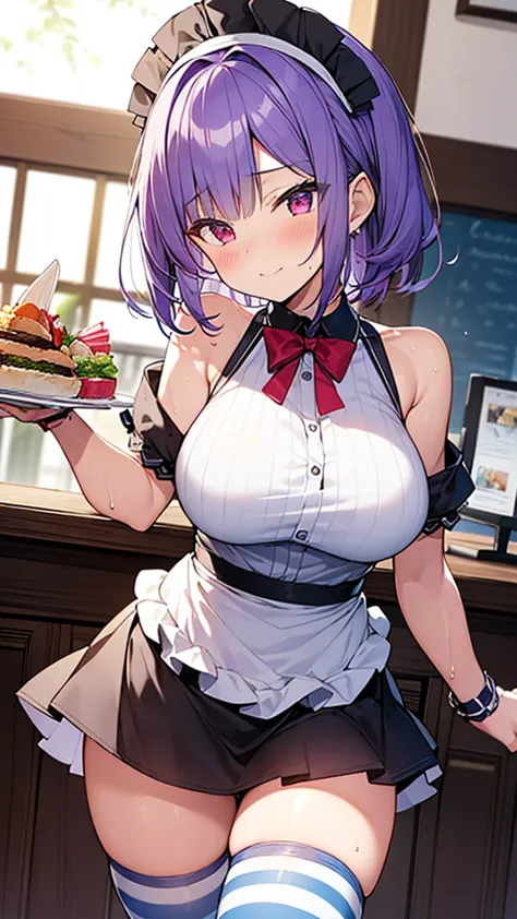 最high quality, high quality, Super detailed, 32k, Ultra-detailed details, waitress(only, Standing, pretty girl, beautiful purple...