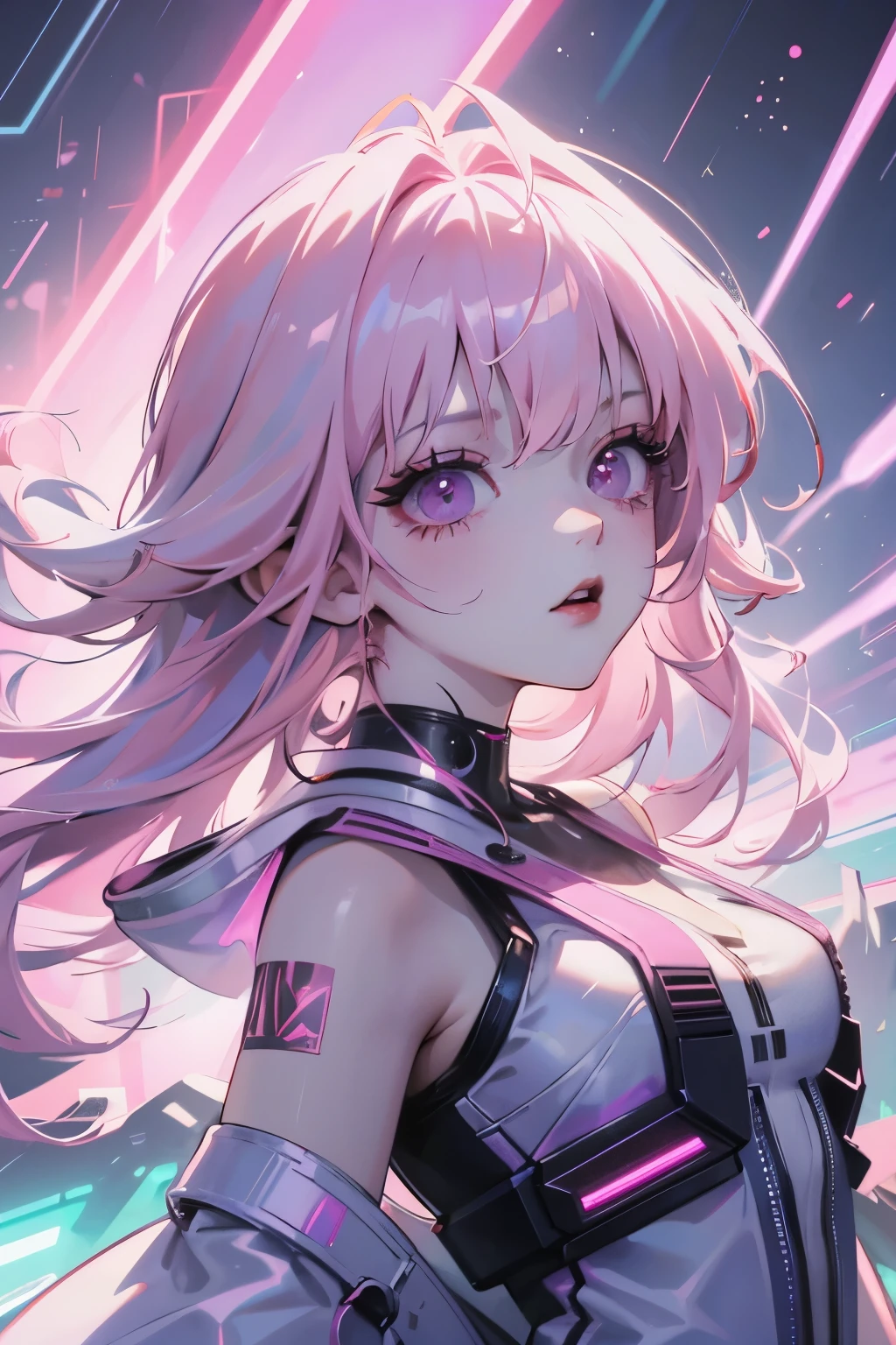 uma garota cyberpunk com cabelo rosa, futurista, Surreal, ultra grande angular, lente grande angular, olhando pra cima, movimento dinâmico, expressivo, Energético, no limite da divindade, holograma a laser