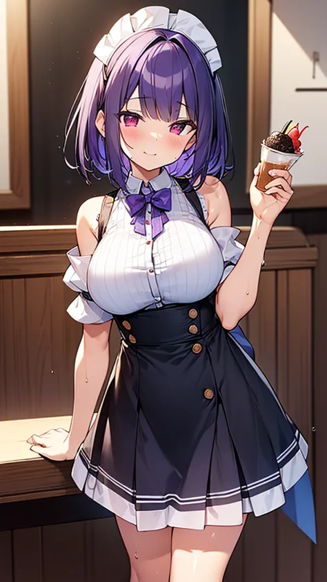 最high quality, high quality, Super detailed, 32k, Ultra-detailed details, waitress(only, Standing, pretty girl, beautiful purple...