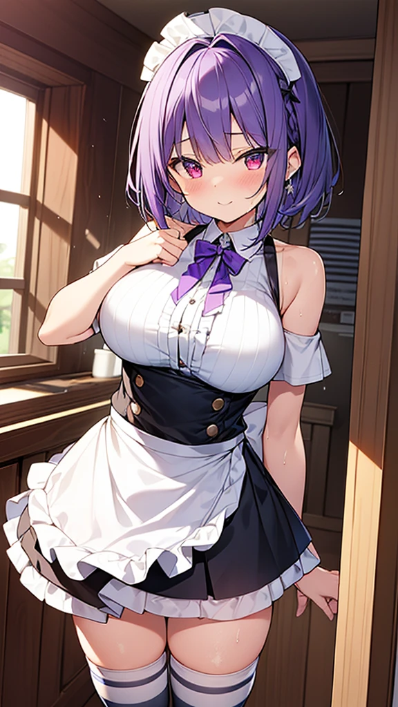 最high quality, high quality, Super detailed, 32k, Ultra-detailed details, waitress(only, Standing, pretty girl, beautiful purple hair, short hair, Beautiful RED eyes, mature, Big Breasts, A light smile, Off-the-shoulder sleeveless Summer メイド服, Summer casual maid clothes, Short skirt, Blue and white color striped underwear, Black knee socks, loafers, My crotch is wet with love juice, 1,cute), {{A succubus disguised as a waitress approached the target man&#39;s sister, peeled off the skin of the sister&#39;s face, and stuck it on her own face, becoming the waitress succubus&#39;s face., The hem of her skirt is lifted high, exposing her underwear}}, She has transformed from a shy maid into a lewd one., A maid with her sister&#39;s face stuck on her face is vigorously pistoning her body, A maid who moves her body vigorously without caring if her breasts bounce, Super detailed, indoor, Full body image, ((Head to Toe:1.3)), NSFW