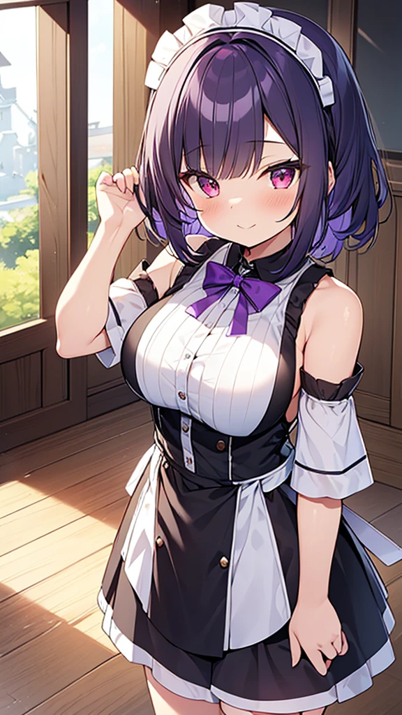 最high quality, high quality, Super detailed, 32k, Ultra-detailed details, , {{The succubus maid has the face of my sister}}, (only, Standing, pretty girl, beautiful purple hair, short hair, Beautiful RED eyes, mature, Big Breasts, A light smile, Off-the-shoulder sleeveless Summer cute maid outfit, Summer casual maid clothes, Short skirt, Blue and white color striped underwear, Black knee socks, loafers, She&#39;s holding 大きく up her skirt with both hands to show her underwear, 1,cute), A maid who moves her body vigorously without caring if her breasts bounce, Super detailed, indoor, maid Cafe, Full body image, ((Head to Toe:1.3)), NSFW