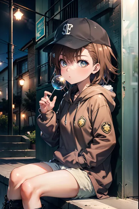 Mycotrose, Brown eyes,Brown Hair,short hair,Small breasts,Oversized black hoodie,Baseball hats,Shorts,boots,Both hands are in th...