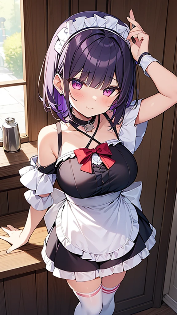 最high quality, high quality, Super detailed, 32k, Ultra-detailed details, , {{The succubus maid has the face of my sister}}, (only, Standing, pretty girl, beautiful purple hair, short hair, Beautiful RED eyes, mature, Big Breasts, A light smile, Off-the-shoulder sleeveless Summer cute maid outfit, Summer casual maid clothes, Short skirt, Blue and white color striped underwear, Black knee socks, loafers, She&#39;s holding 大きく up her skirt with both hands to show her underwear, 18-year-old,cute), A maid who moves her body vigorously without caring if her breasts bounce, Super detailed, indoor, maid Cafe, Full body image, ((Head to Toe:1.3)), NSFW