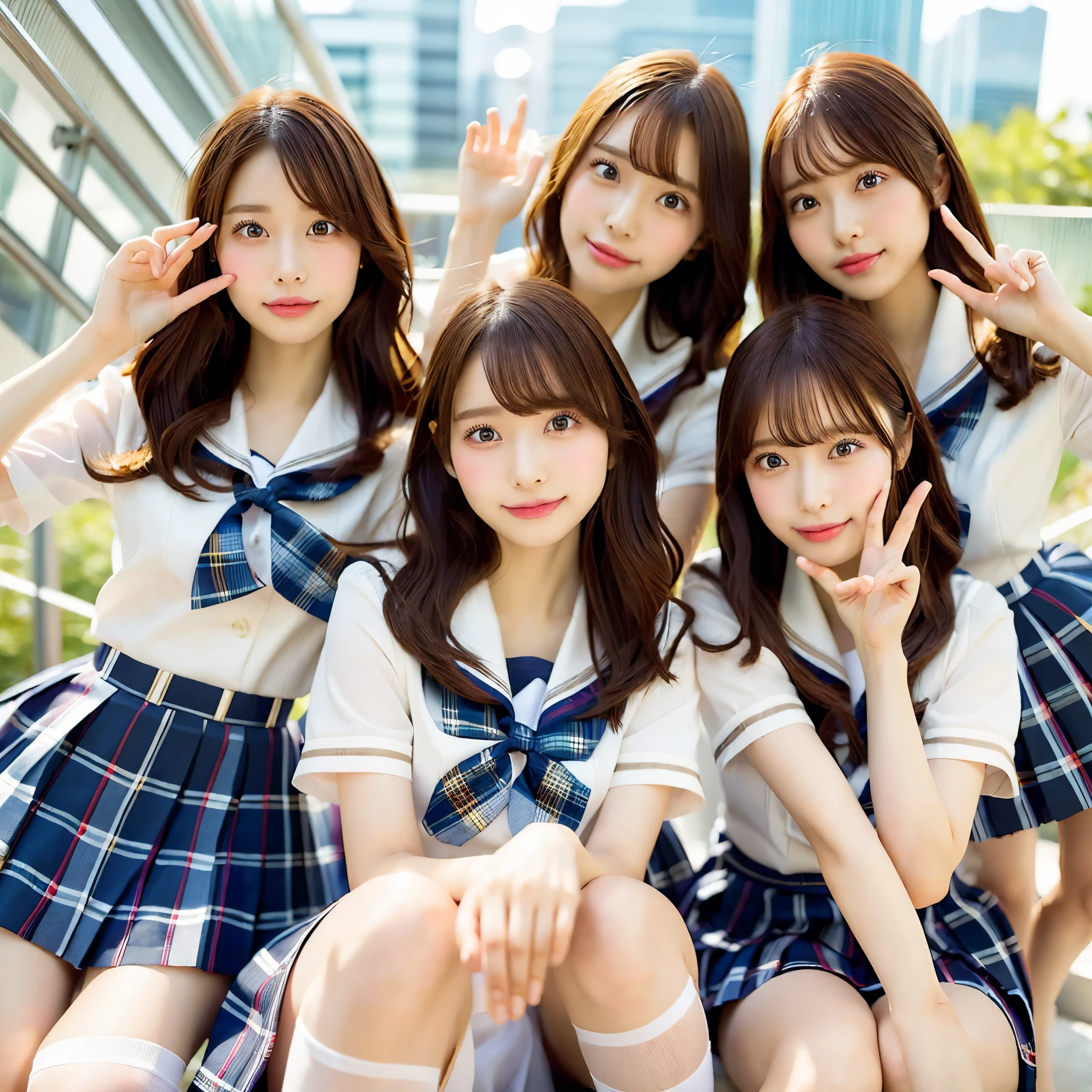 (Highest quality, masterpiece:1.5), (Super detailed, Realistic:1.37), 4K, Five Girls:1.5), Japanese Idol, cute, beautiful, (school uniform:1.3), (mini skirt),(Beautiful bare legs:1.2), Long hair with a slight pinkish brown tint, smile,