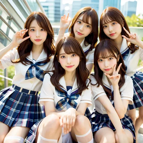 (highest quality, masterpiece:1.5), (super detailed, realistic:1.37), 4k, five girls:1.5), japanese idol, cute, beautiful, (scho...