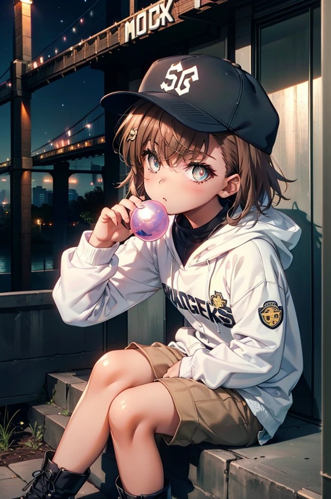 Mycotrose, Brown eyes,Brown Hair,short hair,Small breasts,Oversized black hoodie,Baseball hats,Shorts,boots,Both hands are in the pockets of the hoodie,Blowing bubble gum,Sitting on the stairs,night,moonlight,whole bodyがイラストに入るように,　　　　　　　　　　　　　　　　　 　　　break looking at viewer, whole body,　　　 　　　　　　break outdoors, Building district,　　　　　　　　　　　　　　　　　　break (masterpiece:1.2), Highest quality, High resolution, unity 8k wallpaper, (shape:0.8), (Beautiful and beautiful eyes:1.6), Highly detailed face, Perfect lighting, Highly detailed CG, (Perfect hands, Perfect Anatomy),