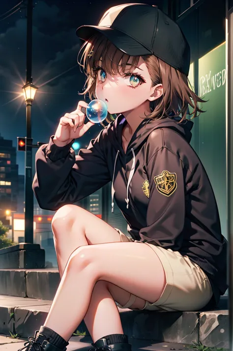 mycotrose, brown eyes,brown hair,short hair,small breasts,oversized black hoodie,baseball hats,shorts,boots,both hands are in th...