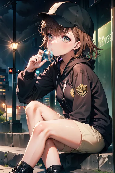 mycotrose, brown eyes,brown hair,short hair,small breasts,oversized black hoodie,baseball hats,shorts,boots,both hands are in th...