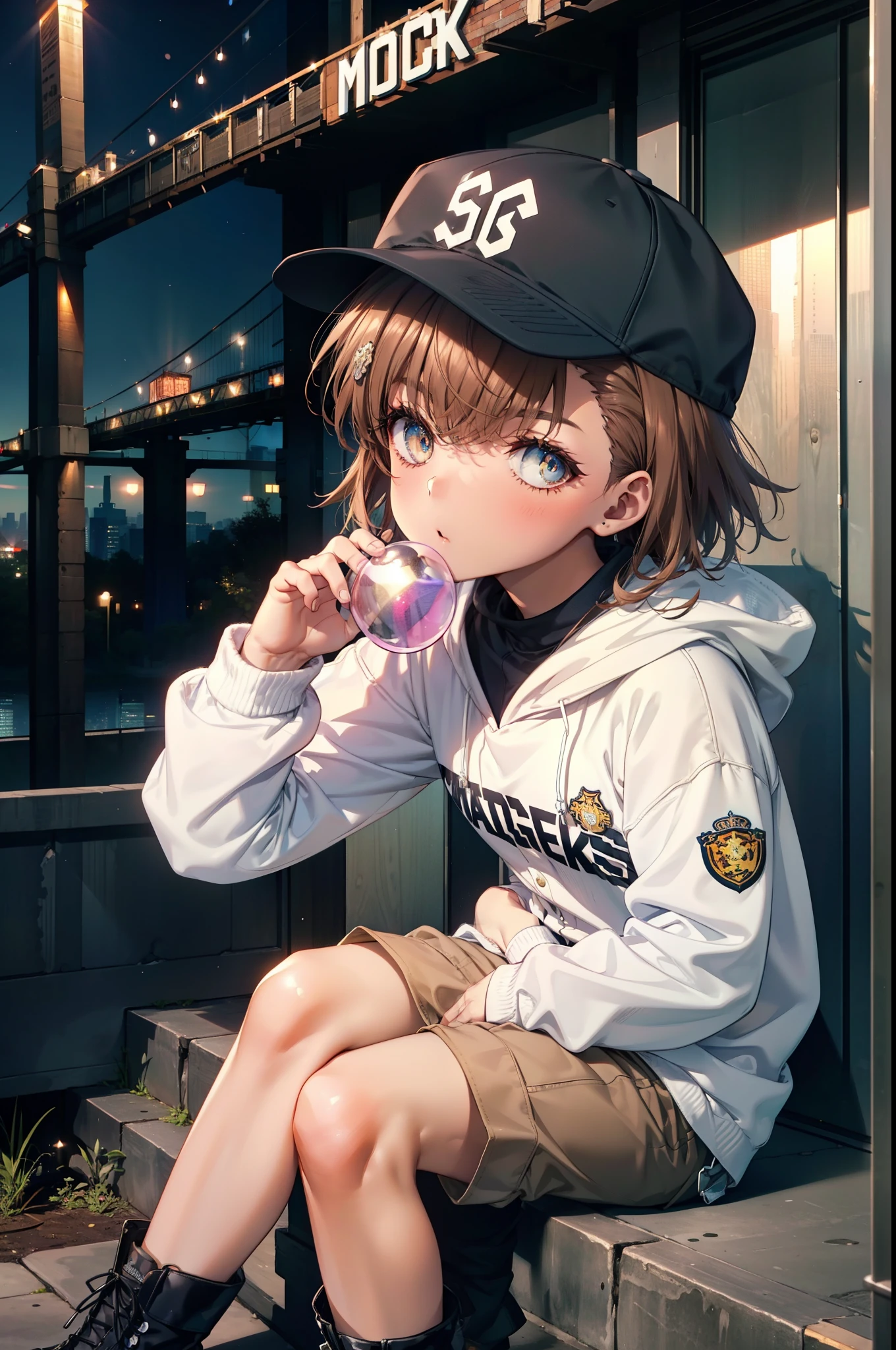 Mycotrose, Brown eyes,Brown Hair,short hair,Small breasts,Oversized black hoodie,Baseball hats,Shorts,boots,Both hands are in the pockets of the hoodie,Blowing bubble gum,Sitting on the stairs,night,moonlight,whole bodyがイラストに入るように,　　　　　　　　　　　　　　　　　 　　　break looking at viewer, whole body,　　　 　　　　　　break outdoors, Building district,　　　　　　　　　　　　　　　　　　break (masterpiece:1.2), Highest quality, High resolution, unity 8k wallpaper, (shape:0.8), (Beautiful and beautiful eyes:1.6), Highly detailed face, Perfect lighting, Highly detailed CG, (Perfect hands, Perfect Anatomy),