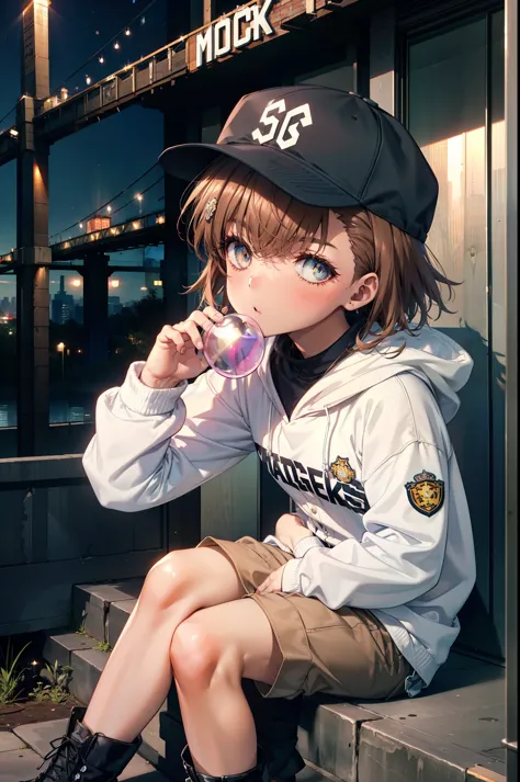 mycotrose, brown eyes,brown hair,short hair,small breasts,oversized black hoodie,baseball hats,shorts,boots,both hands are in th...