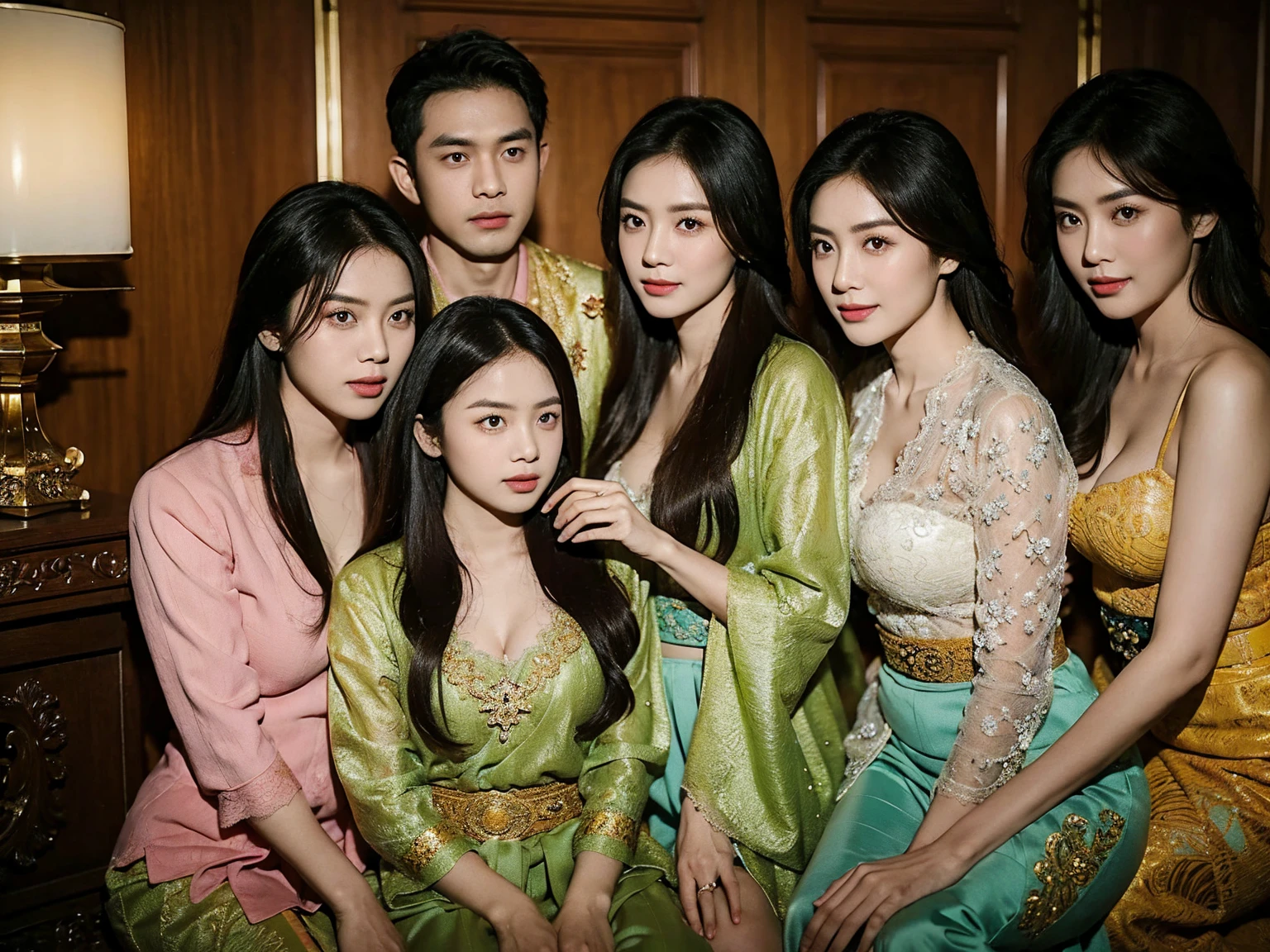 Potrait of a Family, consisting of 5 wife Indonesian-japanese girl and 5 Indonesian boy (24 years old(husband)), Harem (Polygamy), long fashion hair, fit body, small cleavage, skintight green lace kebaya, batik skirt, masterpiece, highly detailed, ultra hd, 8k, detailed face, detailed eyes, perfect eyes, detailed skin texture, detailed lips, sexy lips, perfect hands, dynamic angle, cowboy shot, rich family