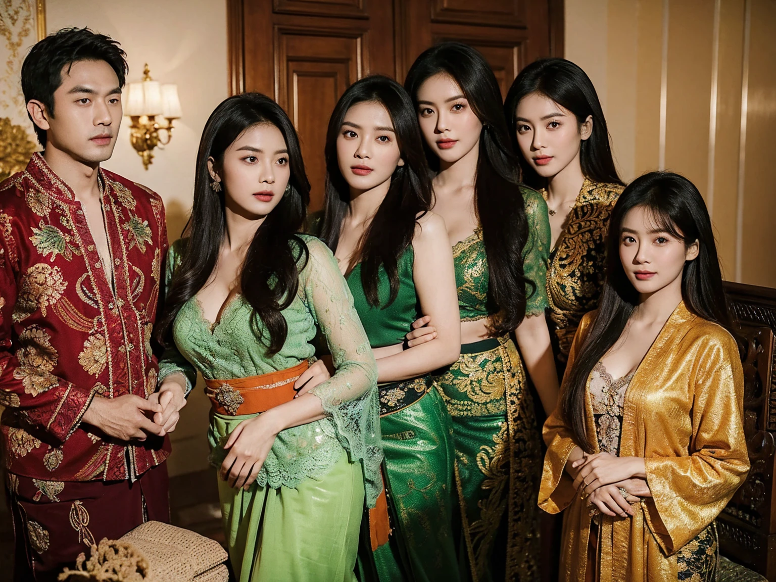 Potrait of a Family, consisting of 5 wife Indonesian-japanese girl and 5 Indonesian boy (24 years old(husband)), Harem (Polygamy), long fashion hair, fit body, small cleavage, skintight green lace kebaya, batik skirt, masterpiece, highly detailed, ultra hd, 8k, detailed face, detailed eyes, perfect eyes, detailed skin texture, detailed lips, sexy lips, perfect hands, dynamic angle, cowboy shot, rich family