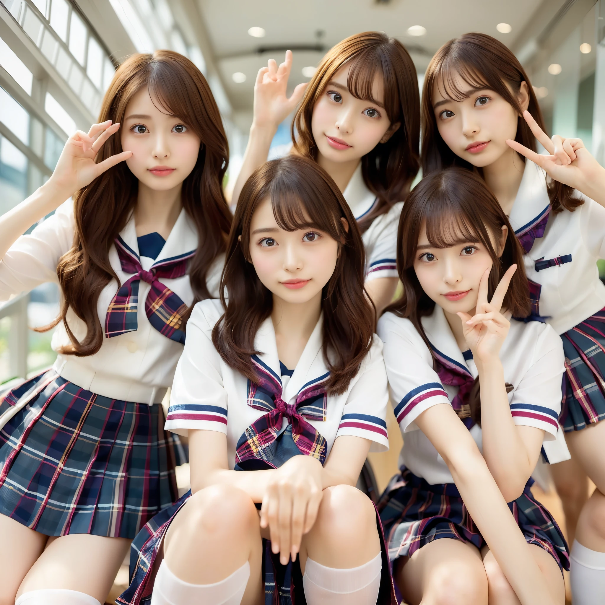 (Highest quality, masterpiece:1.5), (Super detailed, Realistic:1.37), 4K, Five Girls:1.5), Japanese Idol, cute, beautiful, (school uniform:1.3), (mini skirt),(Beautiful bare legs:1.2), Long hair with a slight pinkish brown tint, smile,